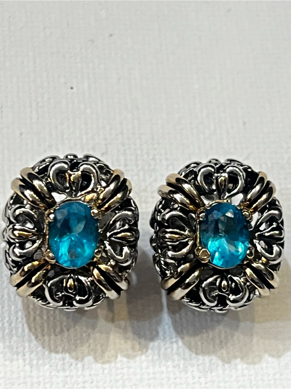 Two-Tone Michael Morrison vintage Earrings with Blue stone